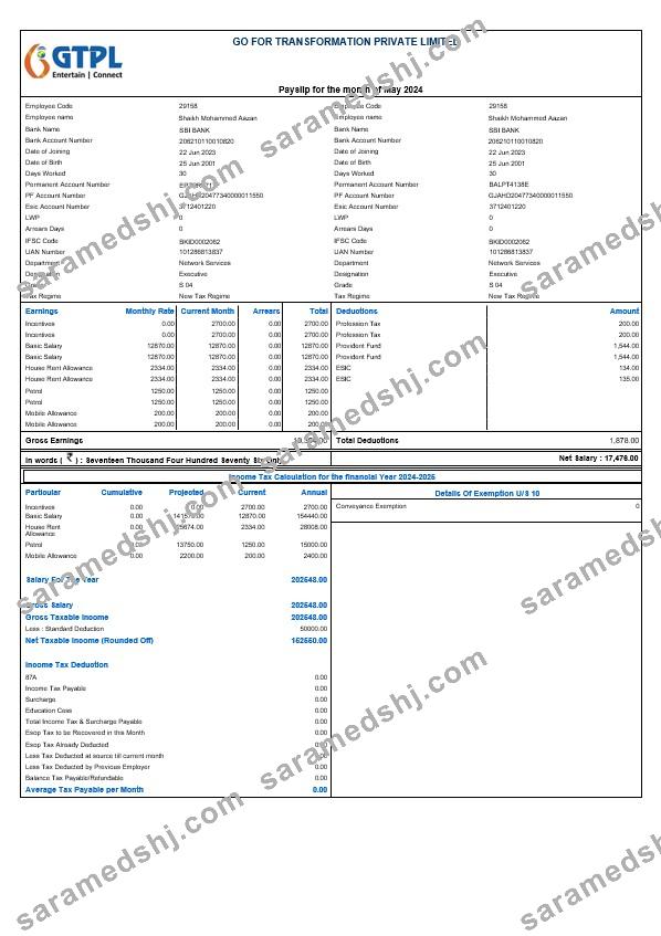 Go For Transformation payslip template in Word and PDF formats